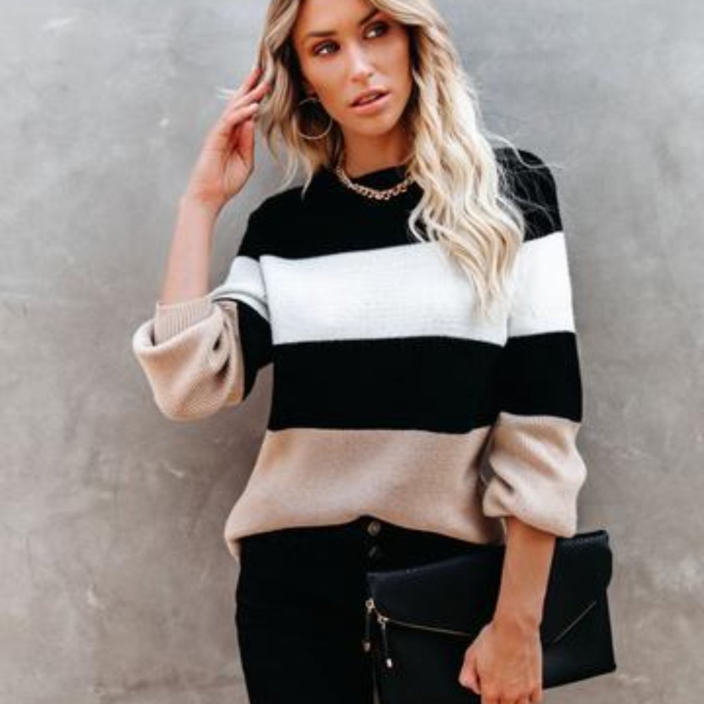 Harleston Black & Beige Colorblock Knit Sweater - Picture 8 of 10